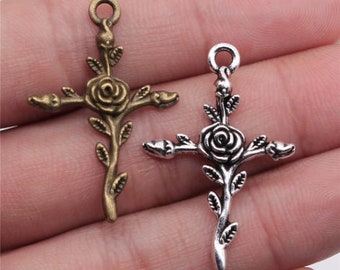 20pcs Rose Cross Charms Pendant 24x35mm Antique Bronze/Antique Silver  DIY Jewelry Making Ornament Accessories