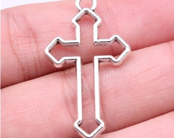 10pcs Hollow Cross charms pendant---38x22mm Antique silver DIY jewelry handmade base material