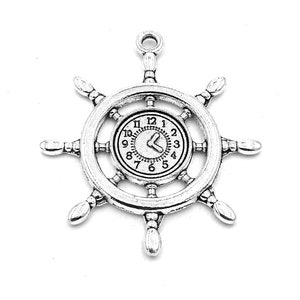 5PCS Rudder with clock charms pendant---40x35mm Antique silver DIY jewelry handmade base material