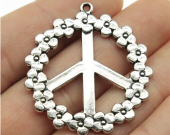 5pcs Flowers Peace symbol charms pendant---38mm Antique silver DIY jewelry handmade base material