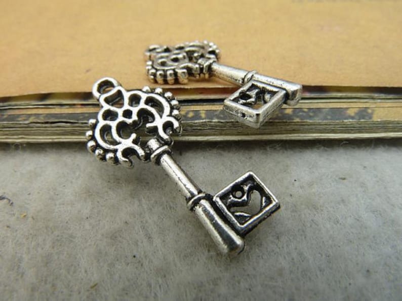 20pcs Key Charms Pendant 12x28mm Antique Silver DIY Jewelry Making Ornament Accessories image 1