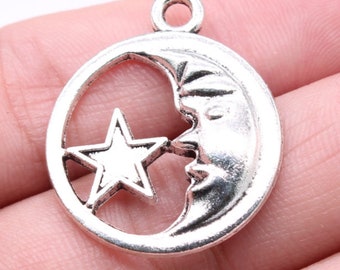 5pcs Star and moon charms pendant---25mm Antique silver/Antique bronze DIY jewelry handmade base material