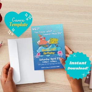 Op de afbeelding: Een blauwe en gele verjaardagsuitnodiging met SpongeBob Squarepants en Patrick Star. De uitnodiging luidt "Hey! Weet je wat grappiger is dan 24?" en "Het is mijn 25e verjaardag". De uitnodiging bevat ook de datum en tijd van het feest, "Zaterdag 27 april, 14:00 - 16:30 uur".