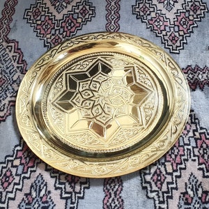 Moroccan Handmade Engraved Design Brass Tray - Moroccan Tea Serving Tray Serving - Vintage Moroccan Brass Tea Tray
