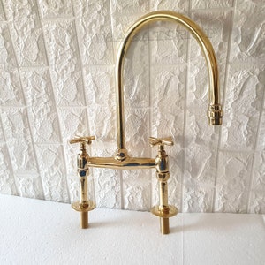 Unlacquered Solid Brass 6&quot; Bridge Faucet, Vintage Kitchen Sink Hand Sprayer Faucet - Kitchen Faucet - Cross Handles and Straight Legs