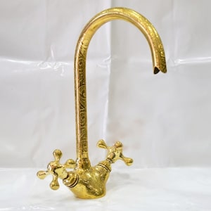 Gooseneck Bathroom Brass Faucet, Unlacquered Brass Faucet with Simple Cross Handles, Kitchen faucet, bathroom faucet, vintage faucet