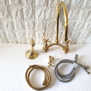Unlacquered Solid Brass 8&quot; Arched Bridge Kitchen Faucet, 2 Holes Sink Faucet, Crooked Bridge faucet V-Style