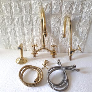 Unlacquered Brass 8&quot; Bridge Faucet, Bridge faucet with Cold Faucet and Sprayer, Arched Bridge Kitchen Faucet, V-Style Bridge Faucet