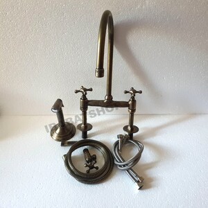 Brass Patina 8&quot; Bridge Faucet, Vintage Kitchen Sink Hand Sprayer Faucet - Antique Kitchen Faucet - Cross Handles and Straight Legs