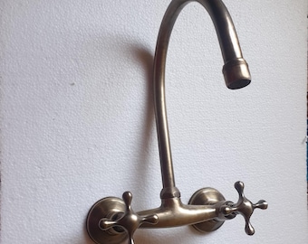 Brass Patina Wall Mount Faucet, Vintage Cross Handle