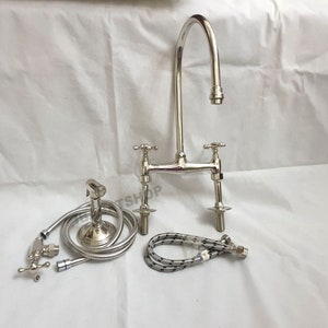 Nickel 8" Bridge Faucet, Vintage Kitchen Faucet, Bridge Faucet with Cross Handles and Straight Legs, Kitchen Faucet With Hand Sprayer Faucet
