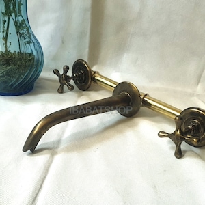 Brass Patina Wall Mounted Bathroom Faucet With Cross Handles + Brass Valve - Kitchen Faucet - Bathroom Faucet