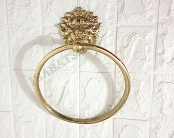 Bathroom Towel Holder, Wall Mount Brass Towel Holder, Hand Etched Towel Ring, Luxury Lion Head Towel, Towel ring hanger