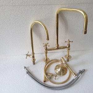 Unlacquered Solid Brass 8&quot; Bridge Faucet, Kitchen Hand Sprayer Faucet, Bridge faucet with Cold Faucet and Sprayer,Classic Bridge Faucet