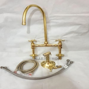 Unlacquered Brass 9&quot; Bridge Faucet, Vintage Kitchen Faucet - Bridge faucet with Cross Handles and Straight Legs, Kitchen Faucet With Sprayer