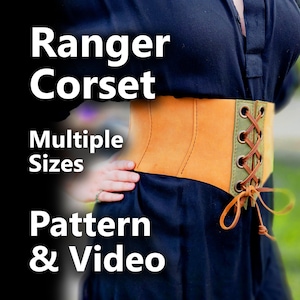 Puede incluir: Un corsé verde oliva y marrón con cordones marrones se muestra en la imagen. El corsé se usa sobre una prenda negra. El texto en la imagen dice "Ranger Corset, Multiple Sizes, Pattern & Video."