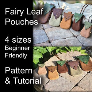 May include: A collection of handmade leather pouches in various earth tones, designed to resemble leaves. The pouches are displayed on a stone surface, with the text "Fairy Leaf Pouches", "4 sizes", "Beginner Friendly", and "Pattern & Tutorial".