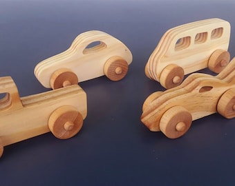 Wooden toy cars, truck and bus, set of 4