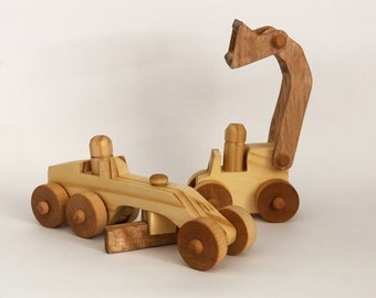 Wooden Toy Digger and Grader, set of 2 Toy Vehicles