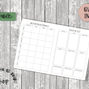 May include: Printable weekly meal planner and grocery list template. The planner has sections for breakfast, lunch, dinner, and snacks. The grocery list has sections for produce, dairy, meat & deli, bakery, canned goods, frozen, cleaning supplies, personal care, and miscellaneous.