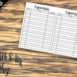 May include: A printable expense tracker on a wooden surface. The white paper has two columns labelled "Expenses" with sections for date, items, and amount. The words "Printable" and "Caffeine & Ink Shop" are also visible.
