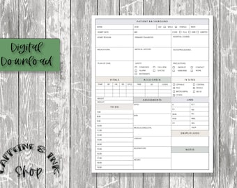 May include: A printable patient chart for tracking vital signs, assessments, medications, and other medical information. The chart is designed for use by nurses and other healthcare professionals.