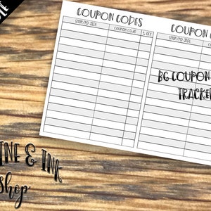 May include: Printable coupon code tracker with two columns for shop/product ID, coupon code, and percent off. The title is "BG Coupon Code Tracker".