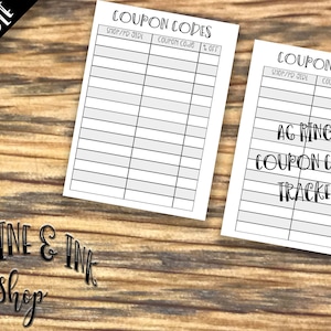 May include: Printable coupon code tracker with two pages. The top page has the title "Coupon Codes" and the bottom page has the title "AG Rings Coupon Code Tracker". Both pages have columns for shop/PD, coupon code, and % off.