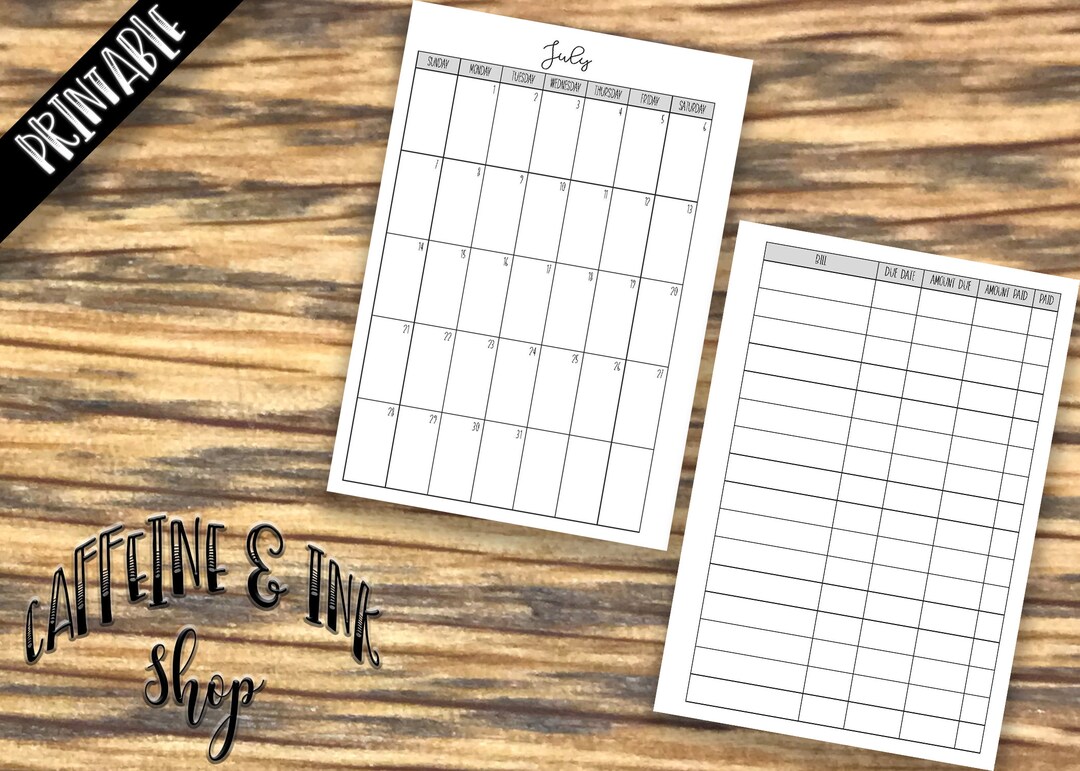 Personal Wide Rings Monthly Overview With Bill Tracker PRINTABLE Insert ...