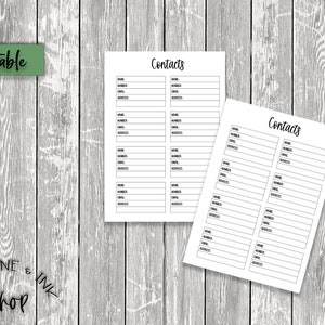 A5 Contacts PRINTABLE Insert, Address Book, Important Contacts, Digital Download, Household Planner