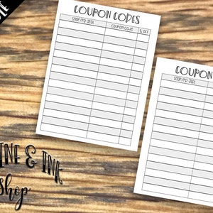 May include: Two printable coupon code trackers with black text on a white background. The text on the top of each sheet says "Coupon Codes". The columns are labeled "Shop/PD JEDI", "Coupon Code", and "$ Off".