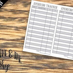 May include: Printable spending tracker with two columns for date, description, and amount. The tracker has a total line at the bottom of each column. The text "PRINTABLE" is in the top left corner of the image. The text "CAFFEINE & INK Shop" is in the bottom left corner of the image.