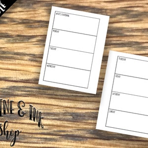 May include: Two printable weekly planner pages with black text on white paper. The first page has the days of the week Monday through Wednesday, with the heading "What's Happening". The second page has the days of the week Thursday through Sunday.
