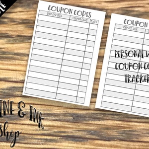 May include: Printable coupon code tracker with two pages. The top of each page says "Coupon Codes" with columns for "Shop/PD JEDL", "Coupon Code", and "% Off". The bottom of the second page says "Personal Wide Coupon Code Tracker".