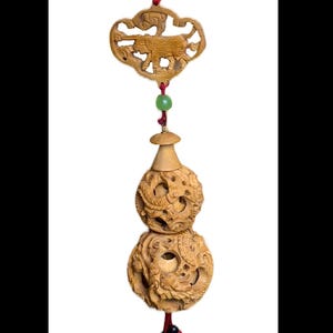 Vintage Chinese Carved Sandalwood Hanging Ornament – Puzzle Dragon Balls, Elephant Medallion, Red Tassel, Jade Beads, Asian Decor