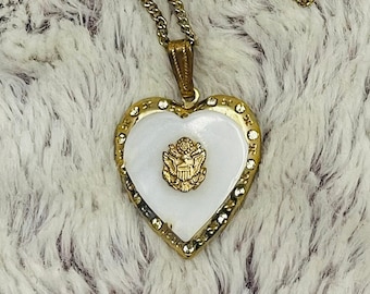 Vintage Kinney Co WWII Military Eagle Mother Of Pearl Rhinestone Heart Locket Pendant W/Chain