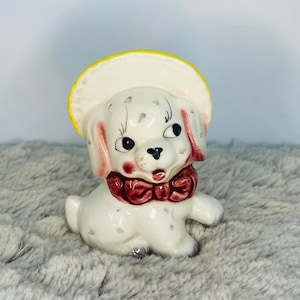 Spotted Gray White Dog Dalmatian Figurine With Hat Bonnet & Bow Ceramic 1950 Made In Japan SOLD SEPARATELY