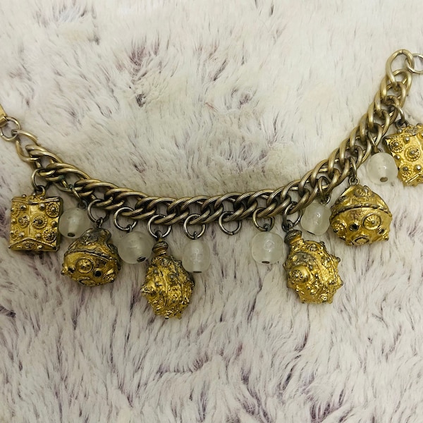 Vintage Victorian Coro Style Gold Tone Golden Sphere Charm Bracelet