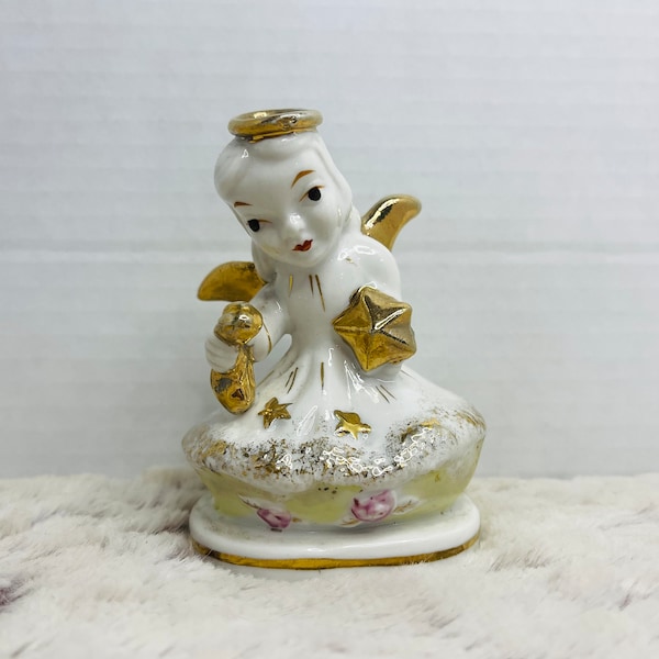 Occupied Japan Angel Gold Trim Figurine With Flowers and Stars / Made in Occupied Japan / Vintage