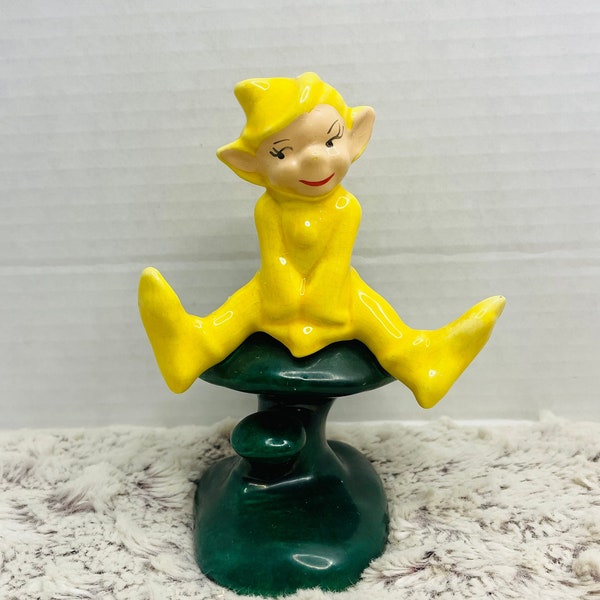 Vintage Ceramic Gilner Pixie/Elf Figurine Planter on Mushroom -1950's