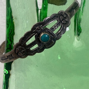 NAVAJO CHILD'S BRACELET Sterling Silver Fred Harvey Company 1940's Turquoise Stone Thunderbird Design Native American Turquoise Jewelry