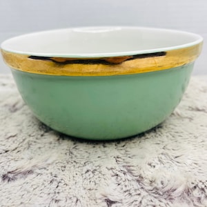 May include: A green ceramic bowl with a gold rim. The bowl is sitting on a white fluffy surface.