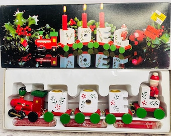 NIB NOEL Christmas Santa Candle Train Holly Berries Kitschy Evergreen Holiday Wooden Train Candle Holder Decor