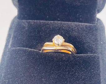 Vintage 14k Solid Yellow Gold Diamond Ring Set – .33ct Round Solitaire with Square Band – Estate Wedding or Anniversary Jewelry