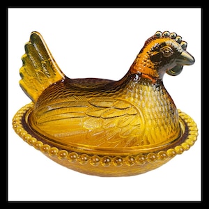 Vintage Amber Gold Glass Hen on Nest Dish Indiana Chicken Egg Bowl With Lid Farmhouse Country Covered Trinket Candy Dish