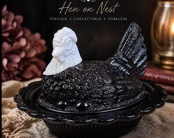 Mosser Black Amethyst Hen on Nest Dish | Slag Milk Glass Head | Covered Candy Dish | Farmhouse Kitchen Decor