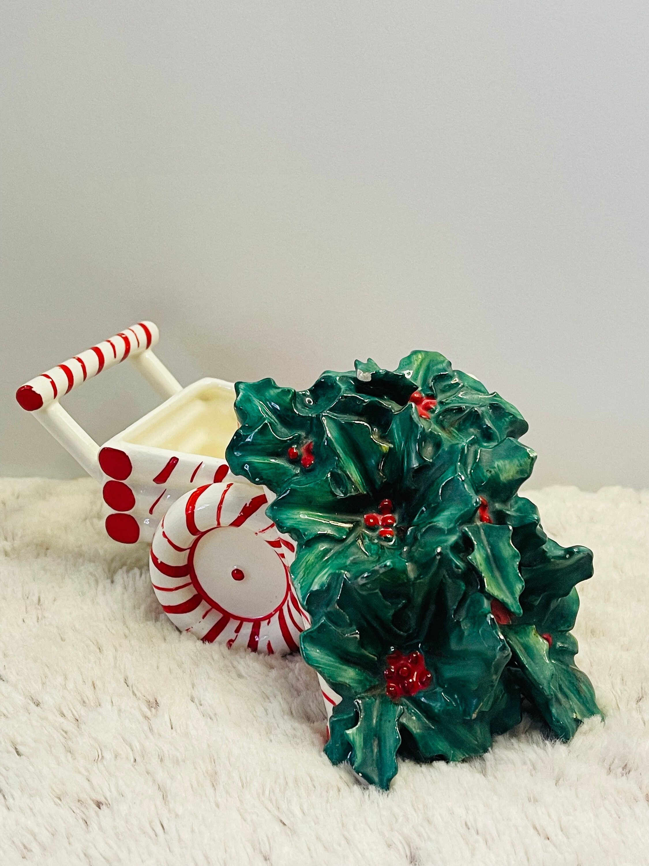 HTF Rare Lefton Peppermint Candy Cane Holly Cart Ceramic Planter