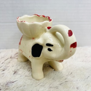 Porcelain Circus Elephant Planter Cold Painted Elephant Figurine Figural Succulent Planter MCM Floral Bud Vase