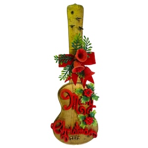 Vintage Merry Christmas Flocked Guitar MCM Plastic Wall Hanging Decor 18&quot; Retro Merry Christmas Blow Mold Retro Kitsch