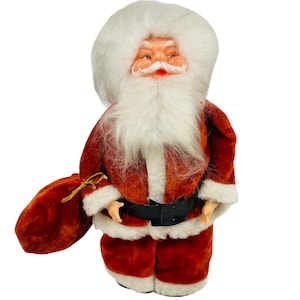 Vintage Stuffed 10” Standing Santa Molded Face Bearded Velvet Mr Claus Doll With Toy Sack Mid Century 60s Plastic Faced Santa